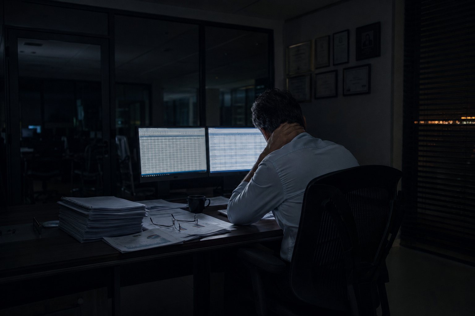 Dono de empresa sozinho na sala dele às 22h, diante de duas telas de planilha e uma pilha de relatórios