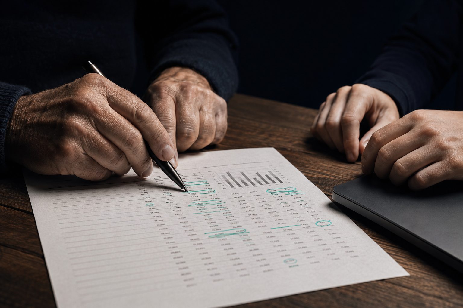 Duas pessoas analisando um relatório financeiro impresso, com linhas marcadas à mão